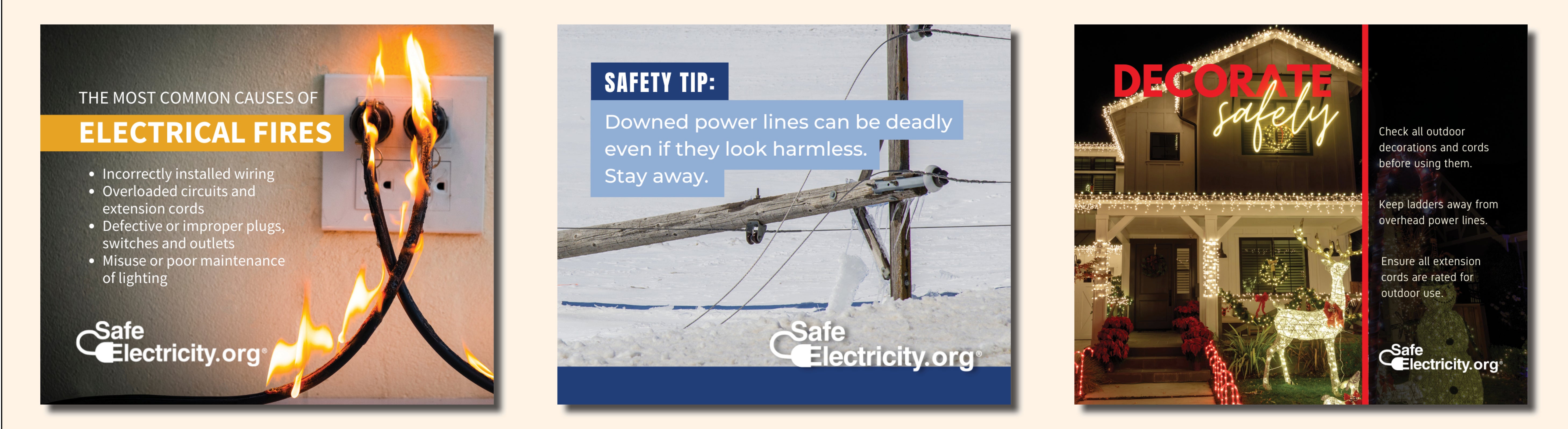 common causes of electrical fires, stay away from downed power lines, decorate safely for holidays