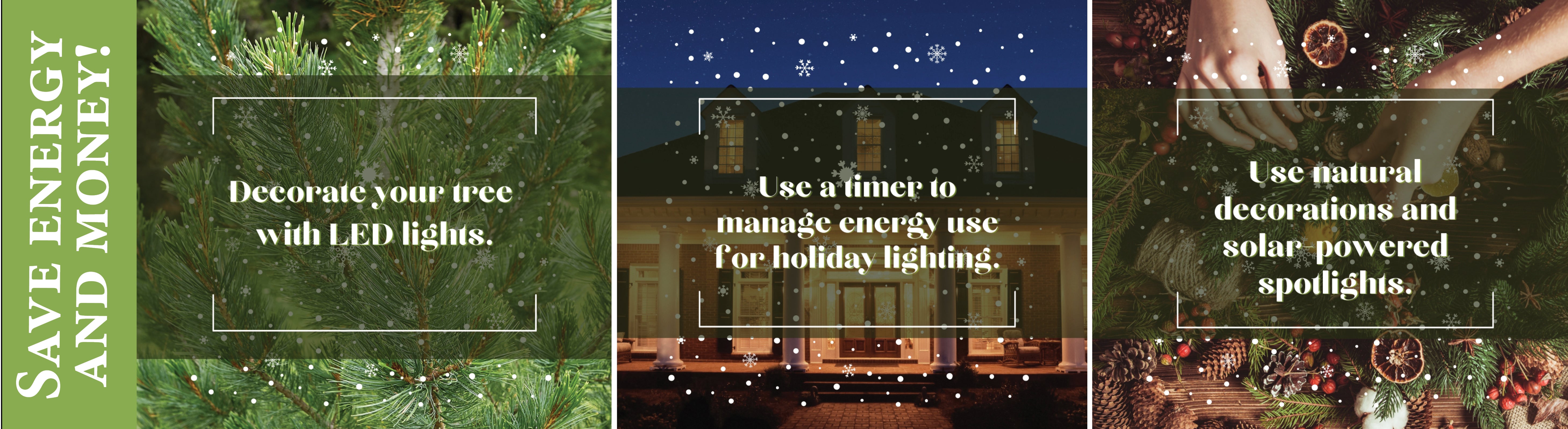 Save energy and money: decorate with LED lights, use a timer and natural decorations. 