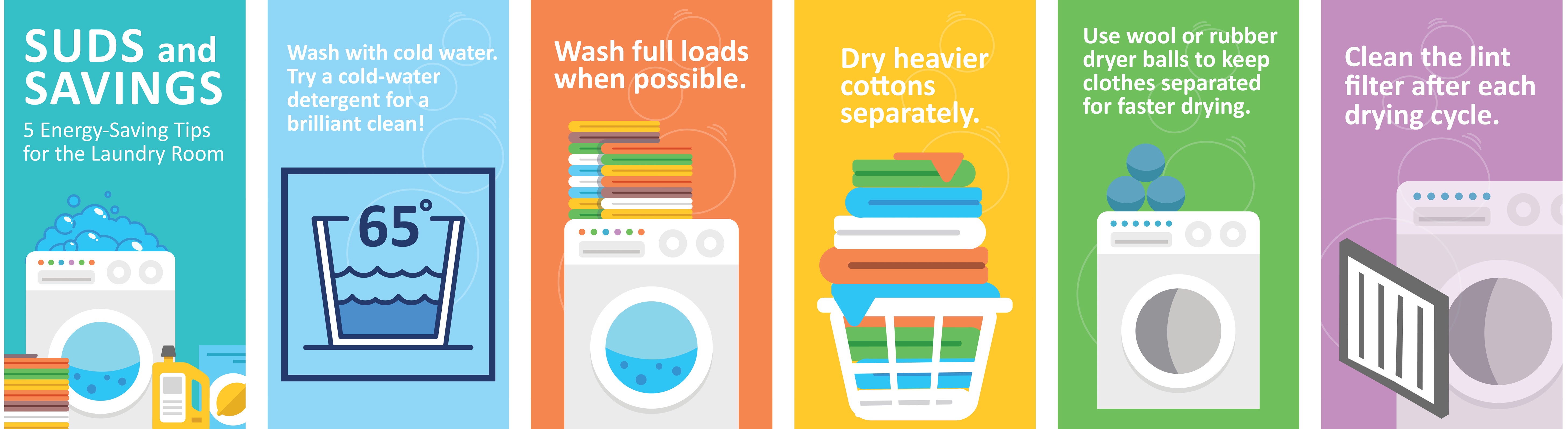 Save money in the laundry: use cold water, wash full loads, dry heavier cottons separately, use wool dryer balls, clean lint filter