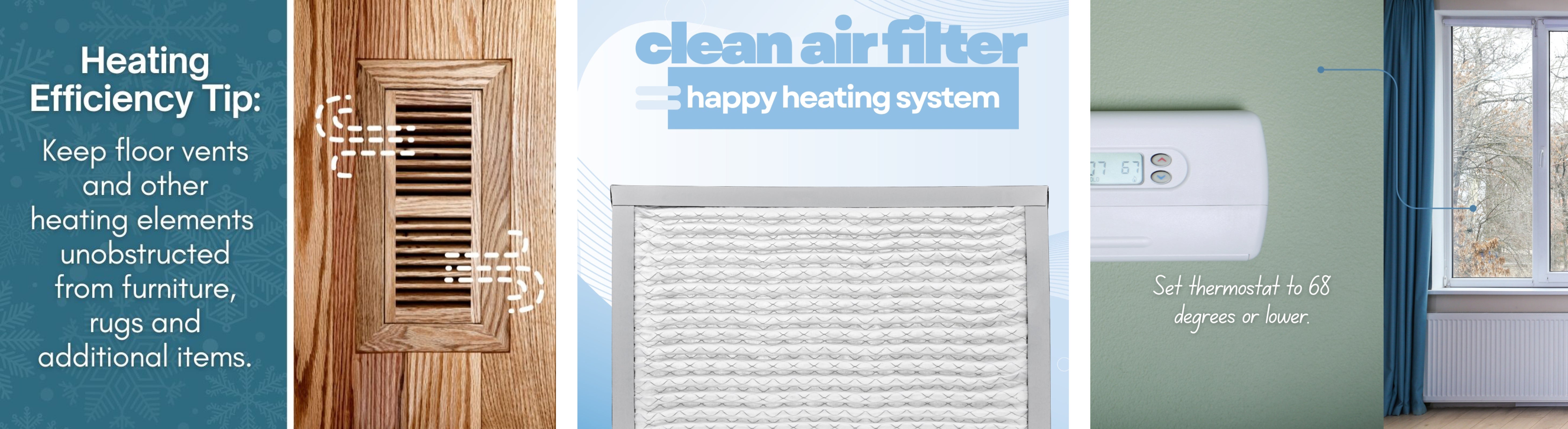 Keep floor vents unobstructed, clean air filter, set thermostat to 68 degrees or lower